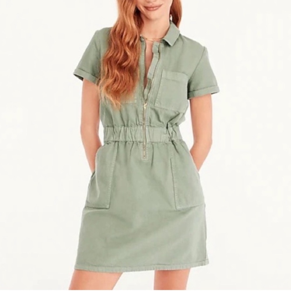 J.CREW Utility Cargo Chino Dress Slate Green Zip-Front Elastic Waist Size 8 NWOT